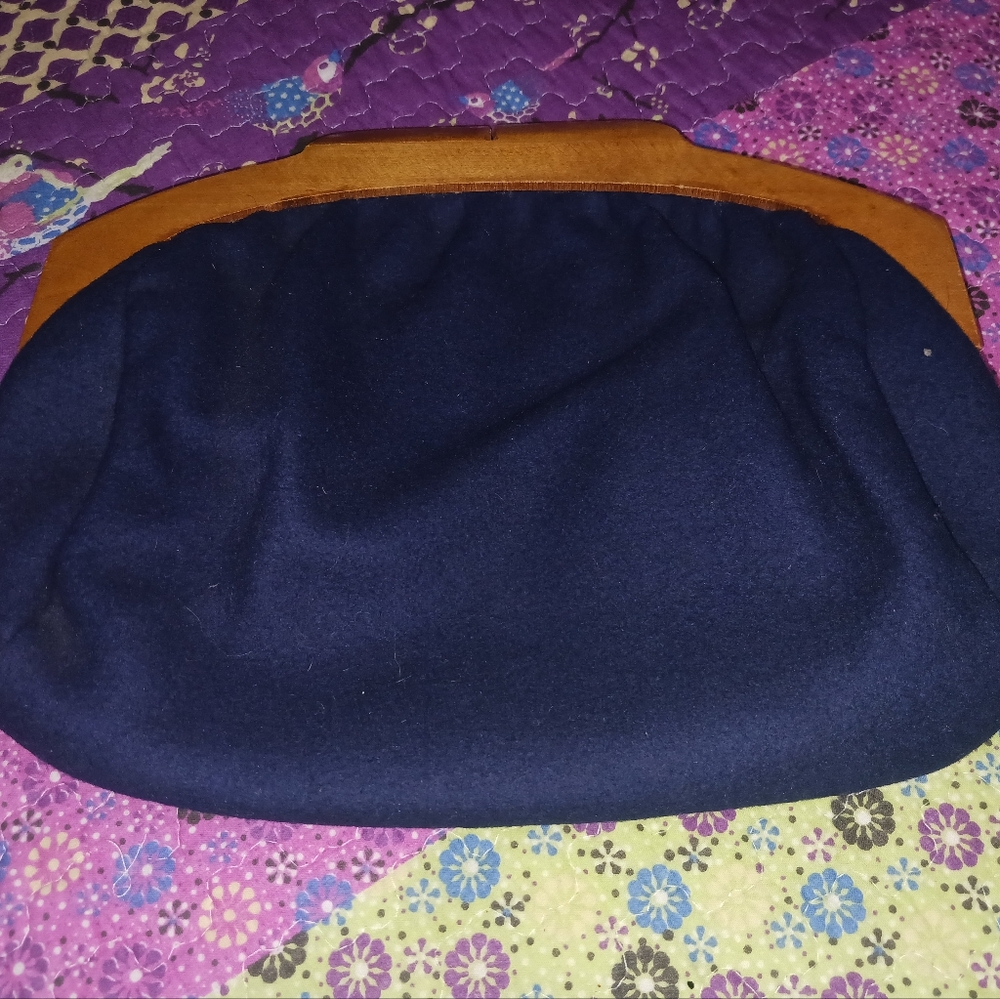 Handmade Botique Vintage Blue Felt Clutch with Wooden Handle & Coin Purse